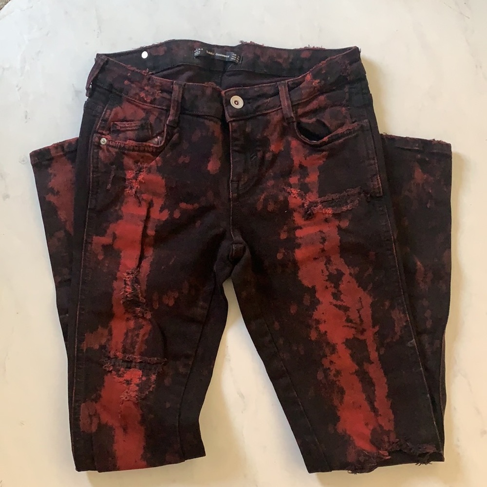 ZARA Red/Black Distressed Jeans - Picture 5 of 6